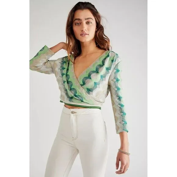 NWT☘️ Anna Sui Green maximalist print Wrap Top blouse sexy Free People sweater M - Picture 1 of 11